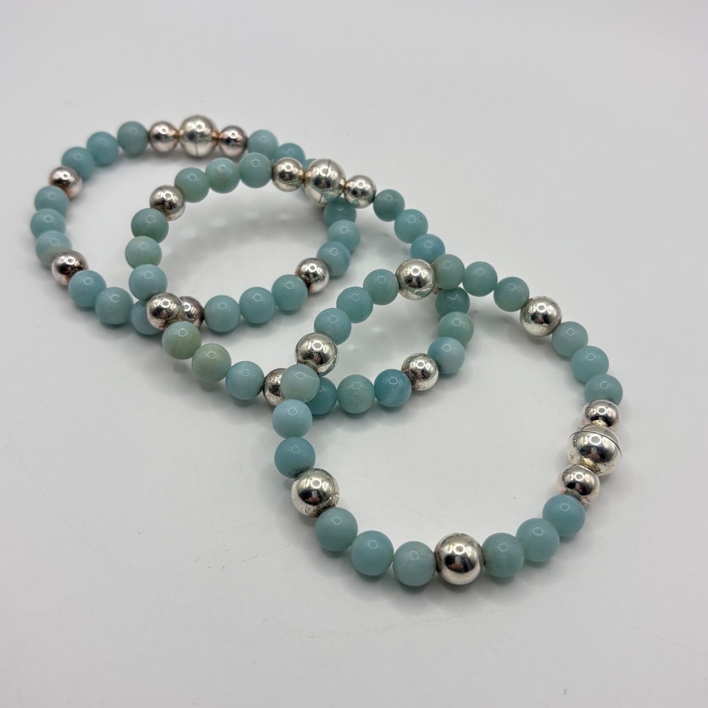 Vintage Milor Sterling Amazonite Beaded Magnetic Necklace Bracelet Set QVC
